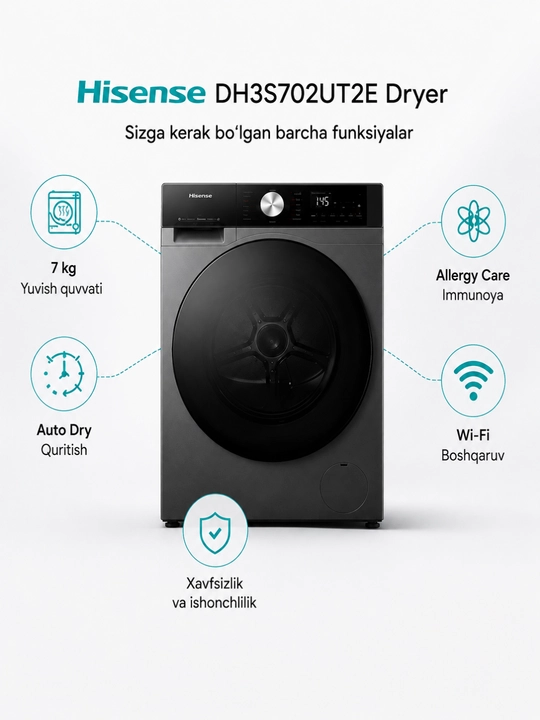 Hisense DH3S702UT2E quritish mashinasi 7 kg, Heat Pump, Wi-Fi, A++, 16 dastur