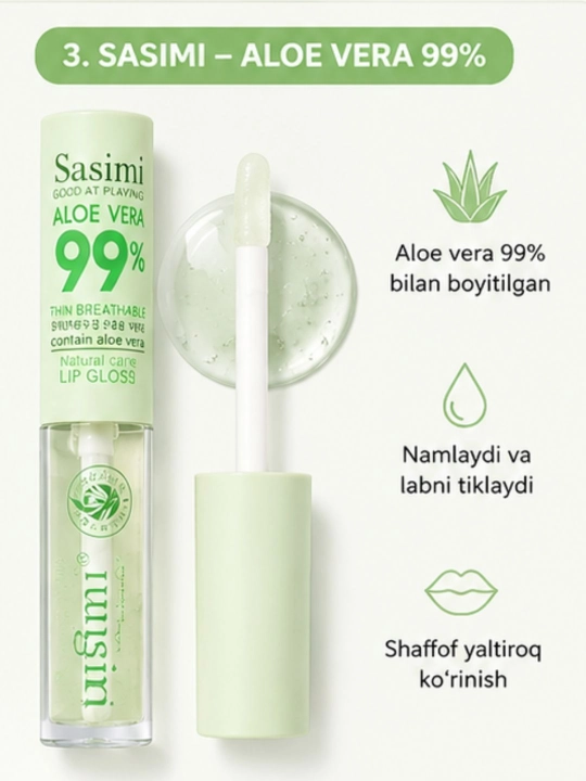 Lab uchun namlovchi yaltiroq Lip Gloss / Lip Oil, mevali va Aloe Vera variantlari