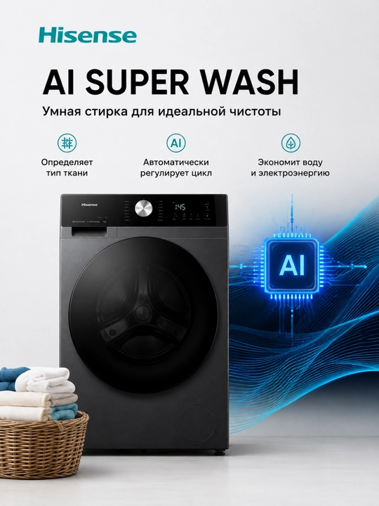 Hisense WF7I1248BBR kir yuvish mashinasi 12 kg, 1400 ayl/min, Wi-Fi, AI Super Wash