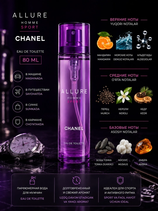 Chanel Allure Homme Sport erkaklar uchun xushbo'ylangan suv, 80 ml