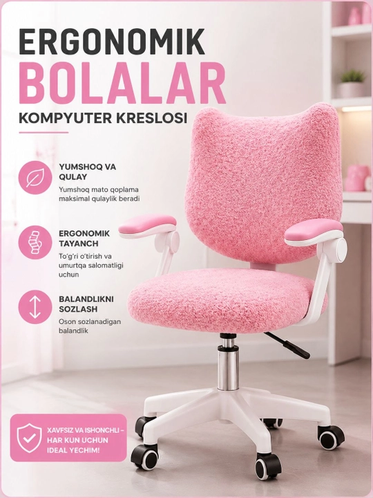 Ergonomik bolalar kreslo-stuli - yumshoq mato, aylanuvchi g‘ildiraklar, ijodiy dizayn - 