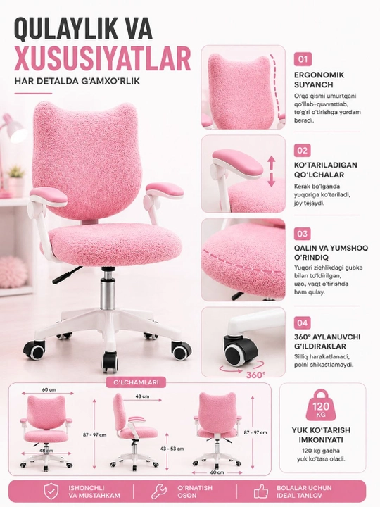 Ergonomik bolalar kreslo-stuli - yumshoq mato, aylanuvchi g‘ildiraklar, ijodiy dizayn
