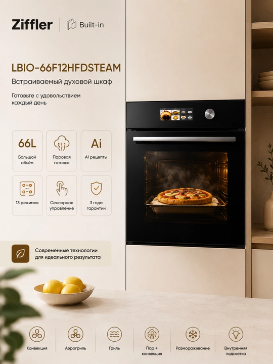 Встраиваемый духовой шкаф Ziffler LBIO-66F13HBSTEAM, 66 л, пар, AI Cooking - 