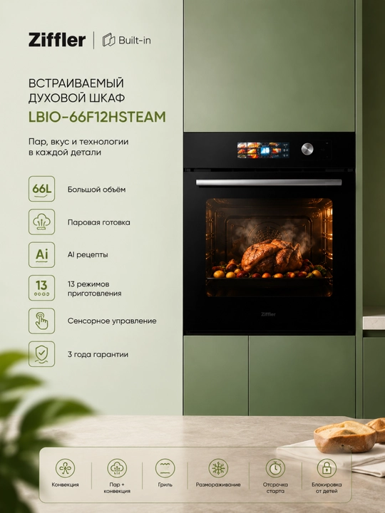 Встраиваемый духовой шкаф Ziffler LBIO-66F13HBSTEAM, 66 л, пар, AI Cooking - 