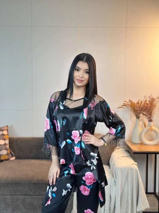 3 talik pijama penuar ayollar tungi kiyim penyuar gipyurli atlas shim+mayka+xalat 46/52