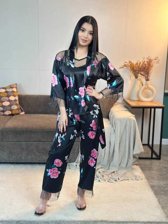 3 talik pijama penuar ayollar tungi kiyim penyuar gipyurli atlas shim+mayka+xalat 46/52