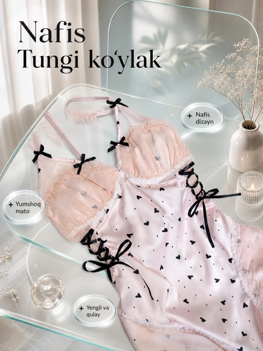 Ayollar uchun tungi ko'ylak va penyuar, bantikli  romantik ayollar pijamasi, 46-48 razmer