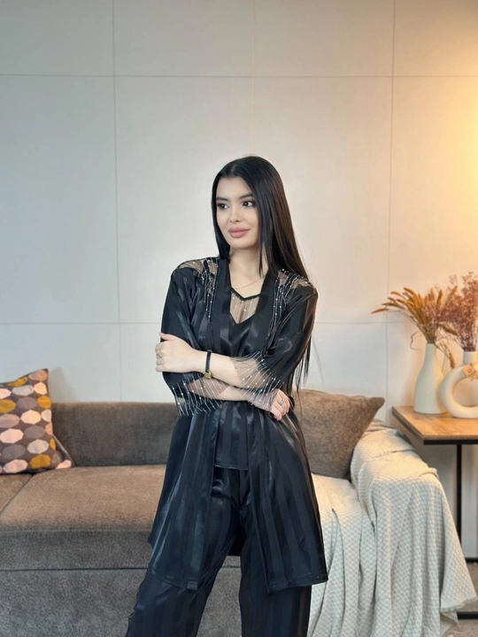 3 talik pijama penuar ayollar tungi kiyim penyuar gipyurli atlas shim+mayka+xalat 46/52