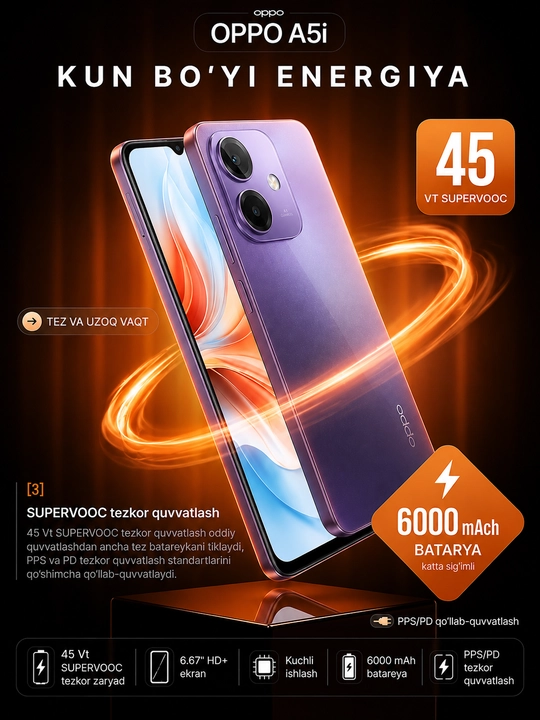 Смартфон OPPO A5i (4+4)/ 128 ГБ, Starry Purple, гарантия 1 год+IMEI
