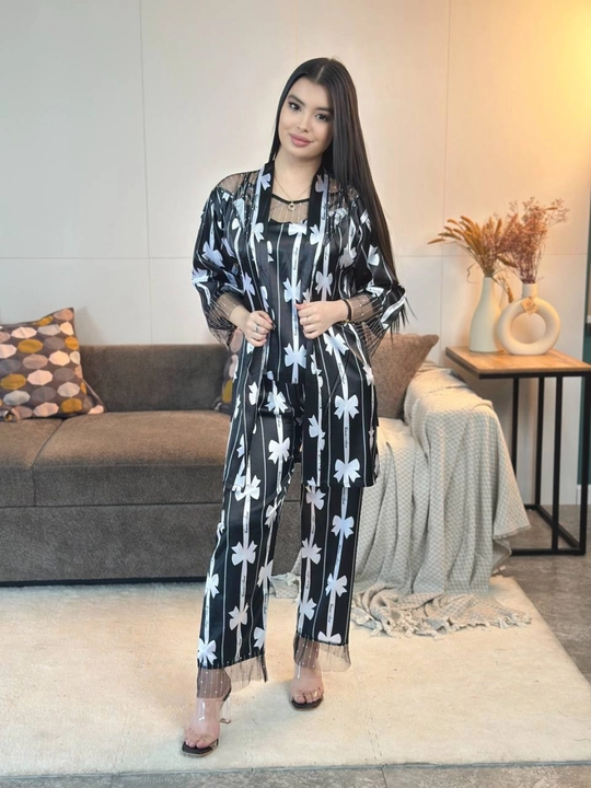3 talik pijama penuar ayollar tungi kiyim penyuar gipyurli atlas shim+mayka+xalat 46/52