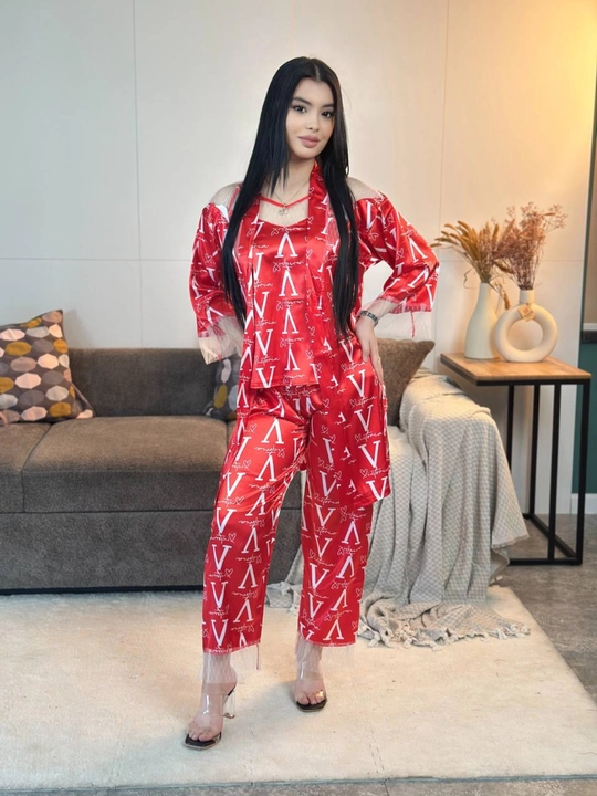 3 talik pijama penuar ayollar tungi kiyim penyuar gipyurli atlas shim+mayka+xalat 46/52