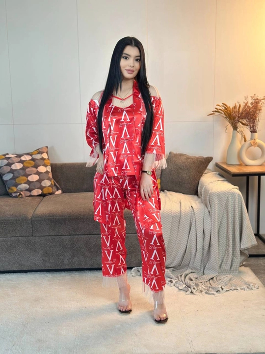 3 talik pijama penuar ayollar tungi kiyim penyuar gipyurli atlas shim+mayka+xalat 46/52