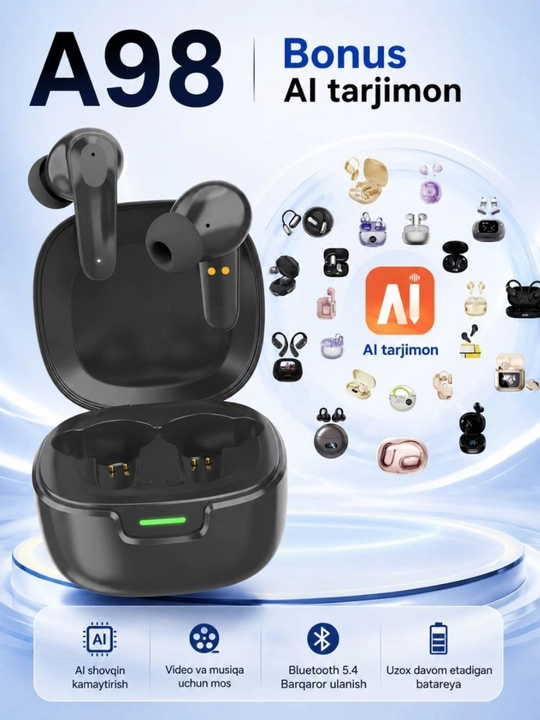 A98 simsiz quloqchinlar,Bluetooth 5.4,AI tarjimon,sensorli boshqaruv,shovqinni kamaytirish