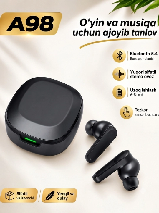 A98 simsiz quloqchinlar,Bluetooth 5.4,AI tarjimon,sensorli boshqaruv,shovqinni kamaytirish