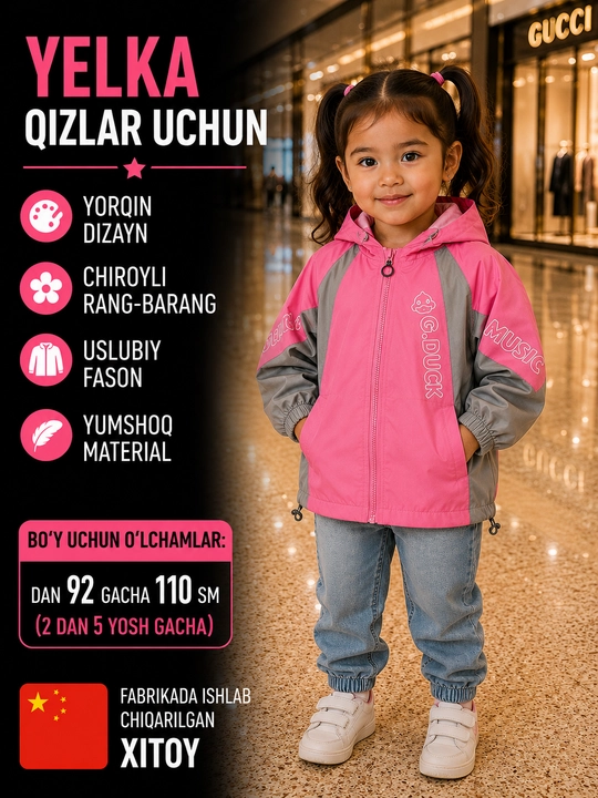 Qizlar uchun yengil kapyushonli, fermuarli kurtka - bahor va kuz mavsumi uchun - 