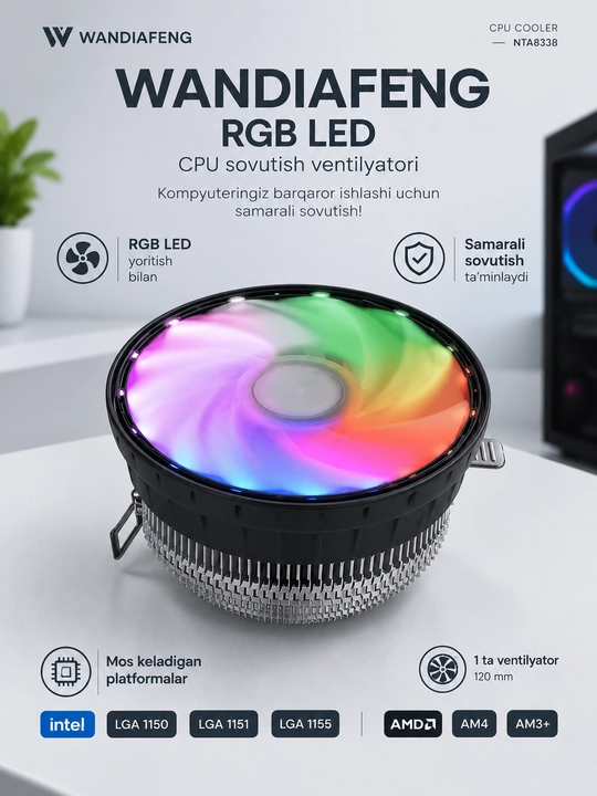 Кулер Вентилятор охлаждения CPU cooler Wandiafeng RGB LED, for 11xx , 775, 1700 - 