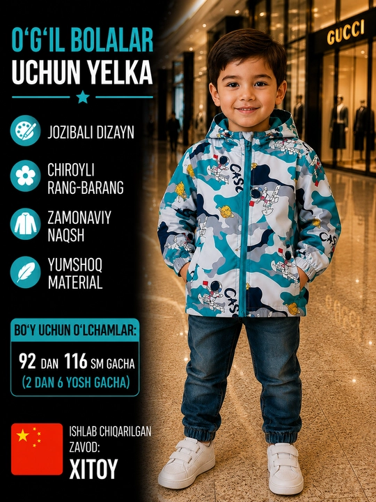 Yengil, bahor va kuz uchun o‘g‘il bolalar vetrovkasi, kapyushonli, zamokli - 