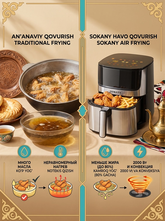 Fritöz SOKANY SK-10045 8 l panjarali, 2 ta shish, 2000 Vt, yog'siz