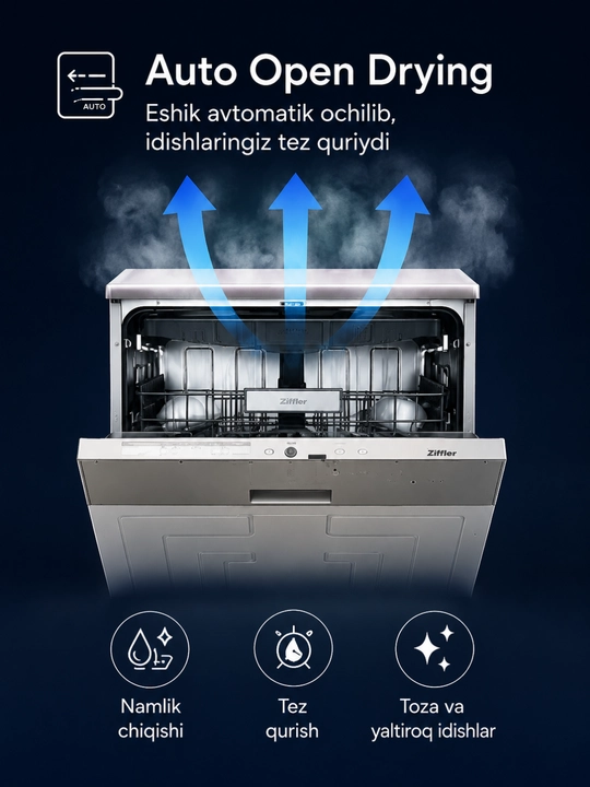 ZIFFLER Luxentra Series idish yuvish mashinasi, 15 to‘plam, Auto Open Drying, BLDC motor