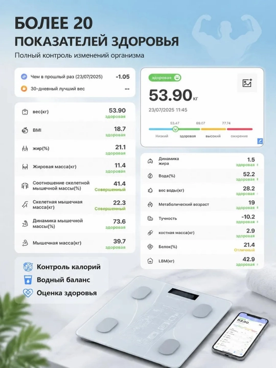 Весы напольные, умные электронные для тела,  до 180 кг - 