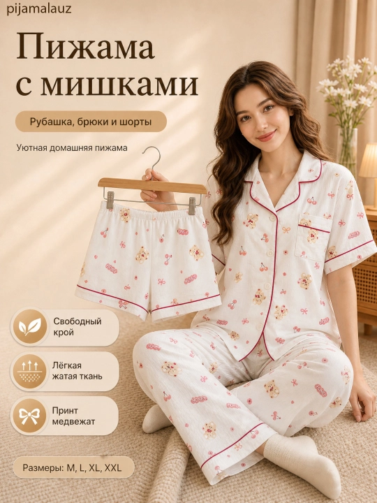 Ayollar pijamalari, 3 tasi 1 da , shim va shortikli komplekt troykalar, uy kiyimlari - 