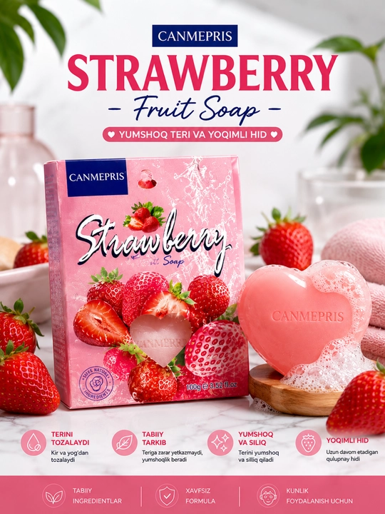 CANMEPRIS Strawberry Fruit Soap – qulupnay hidli, yumshoq va yoqimli sovun, 100 g