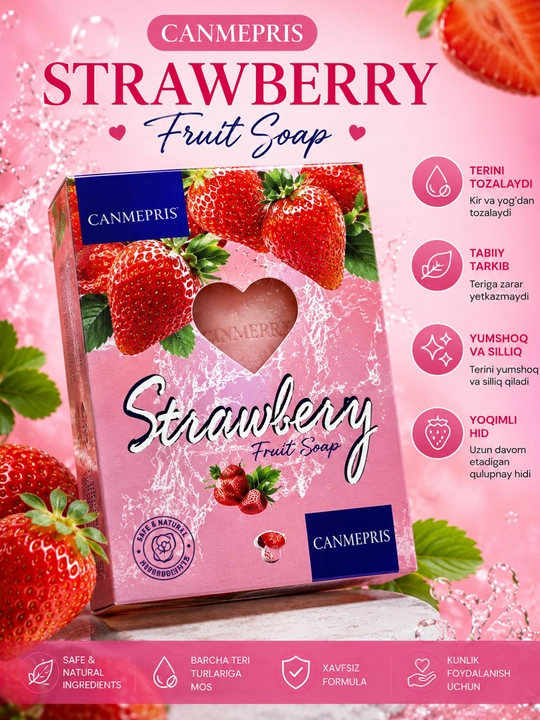 CANMEPRIS Strawberry Fruit Soap – qulupnay hidli, yumshoq va yoqimli sovun, 100 g - 