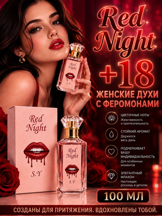 Atir Red Night +18 ayollar uchun feromonli atir, Eau de Parfum - 