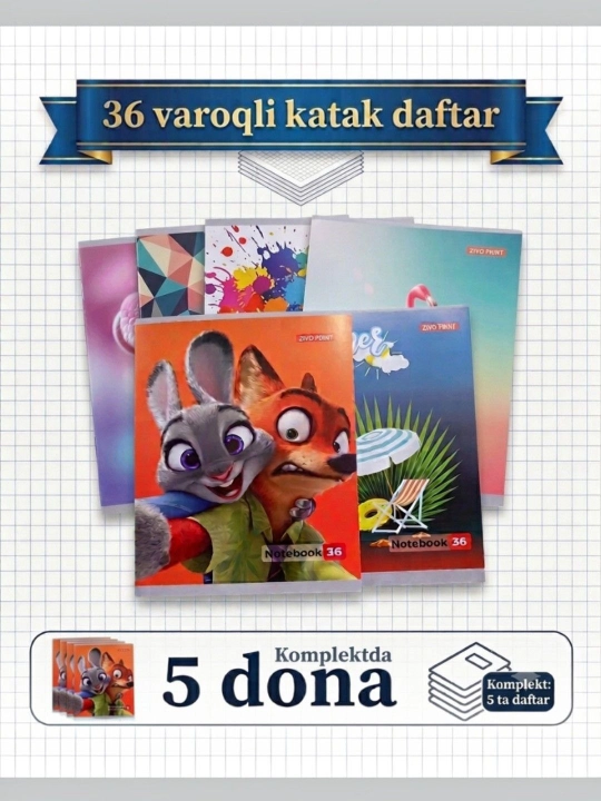 Matem daftar 36 varoqli 5 dona, katak daftari, qizlar uchun, tulki va quyon daftar