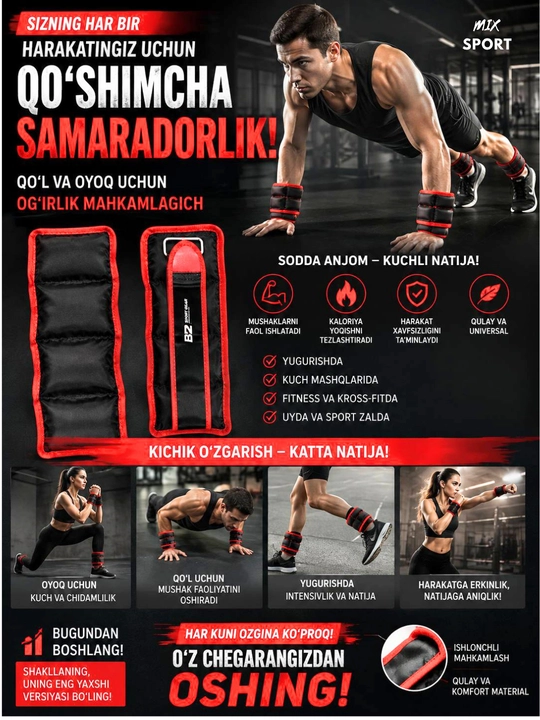 Sport uchun oyoq va qo‘l og‘irlashtirgichlari, 1 kg dan 6kg gacha - 