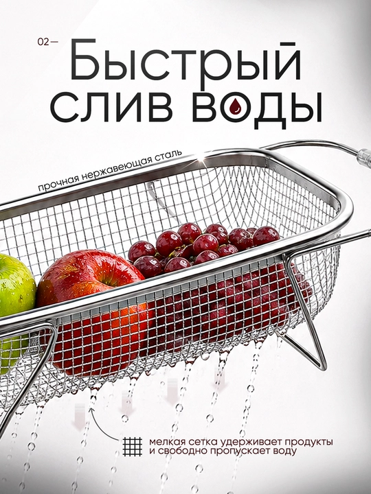 Раздвижной дуршлаг на раковину из нержавеющей стали, сушилка для овощей, фруктов и посуды