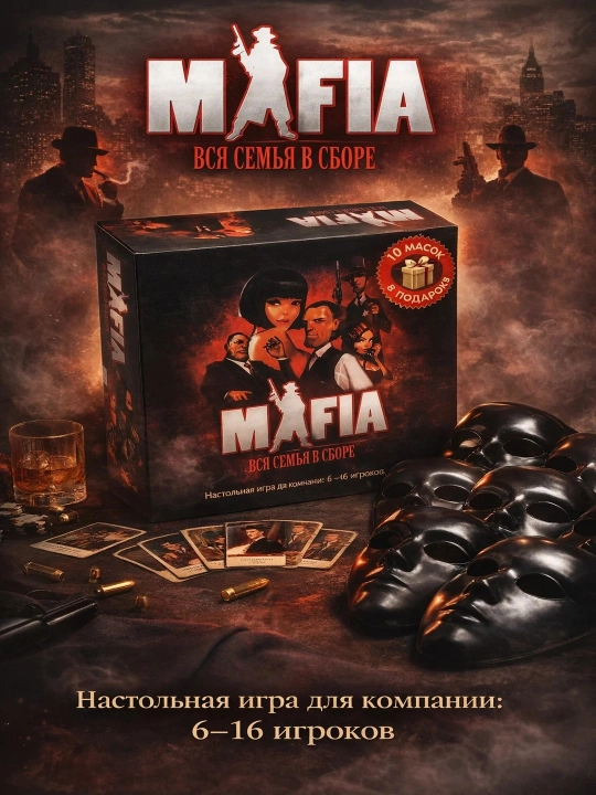 Настольная игра «Мафия — Вся семья в сборе» с масками, подарок для компании с 10 масками - 