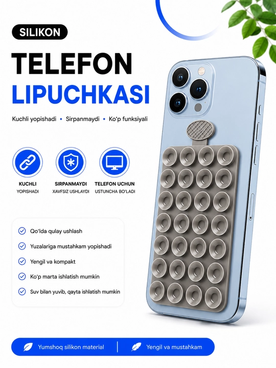 Telefon uchun vakuumli silikon tutqich (24 ta so‘rg‘ichli yopishqoq qismli) - 