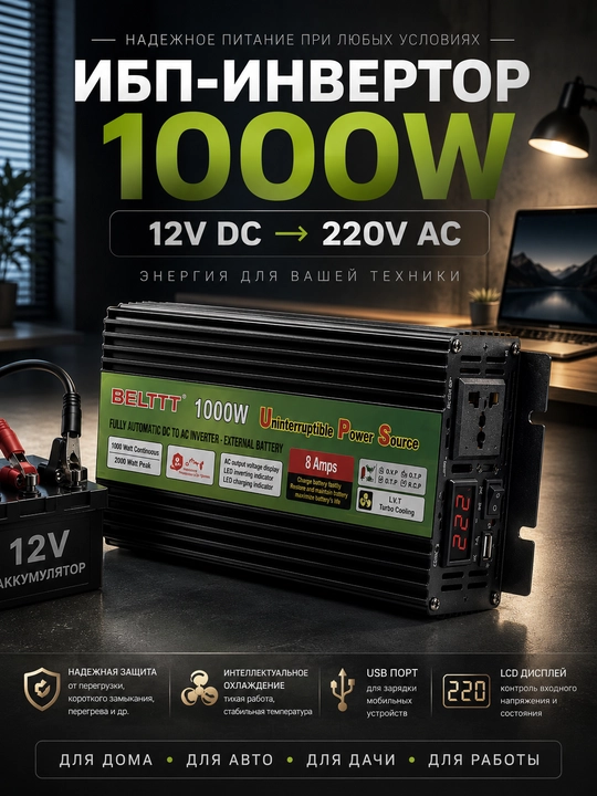 ИБП-инвертор автомобильный BELTTT 1000W 12v 220v - 