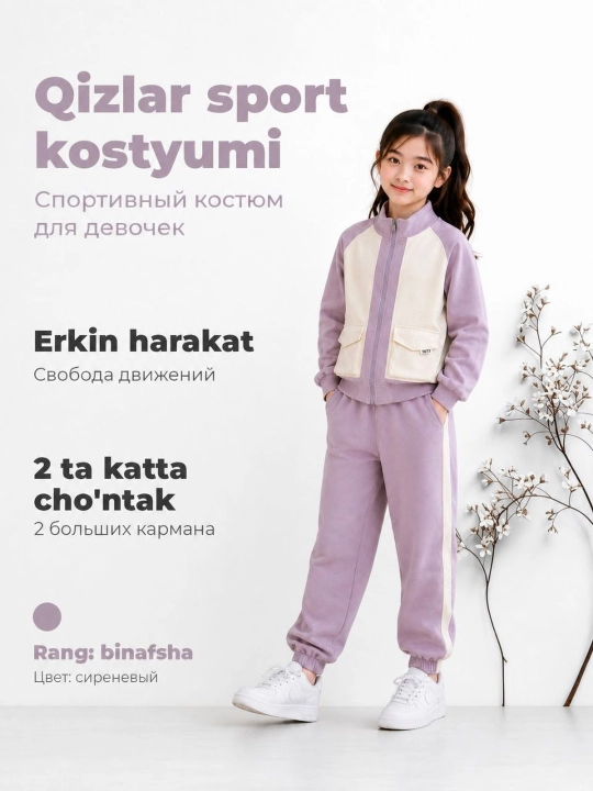 Спортивный костюм для девочек, сиреневый, куртка и брюки - 