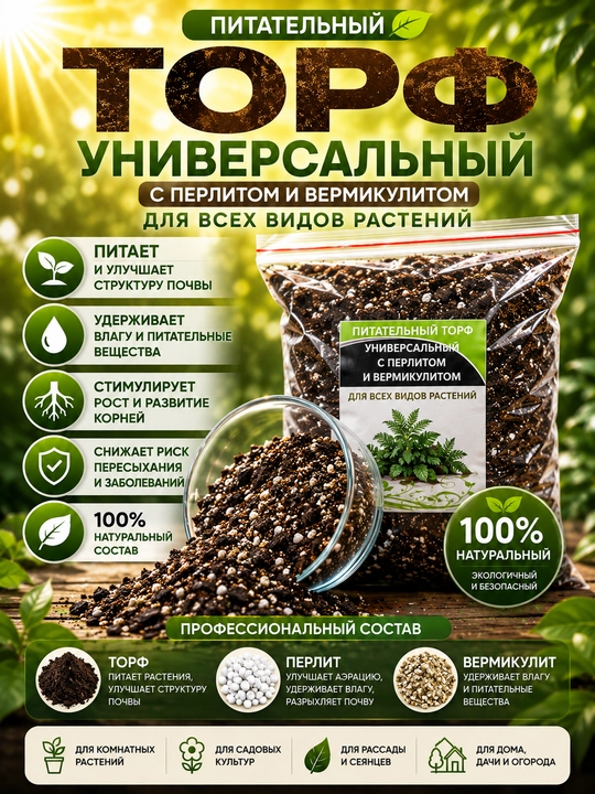 Tорф Универсальный с перлитом и вермикулитом, природное удобрение для всех видов растений - 