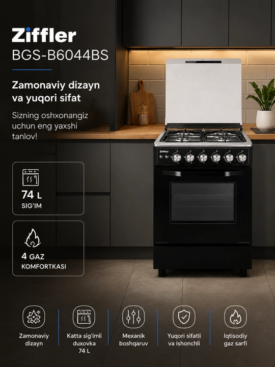 Ziffler BGS-B6044BS — 4 konforkali gaz plitasi, 74 L