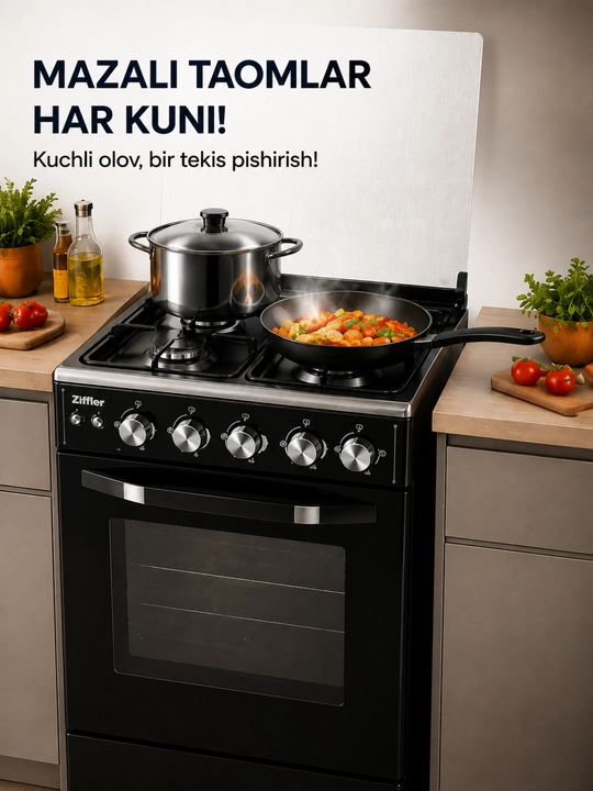 Ziffler BGS-B6044BS — 4 konforkali gaz plitasi, 74 L