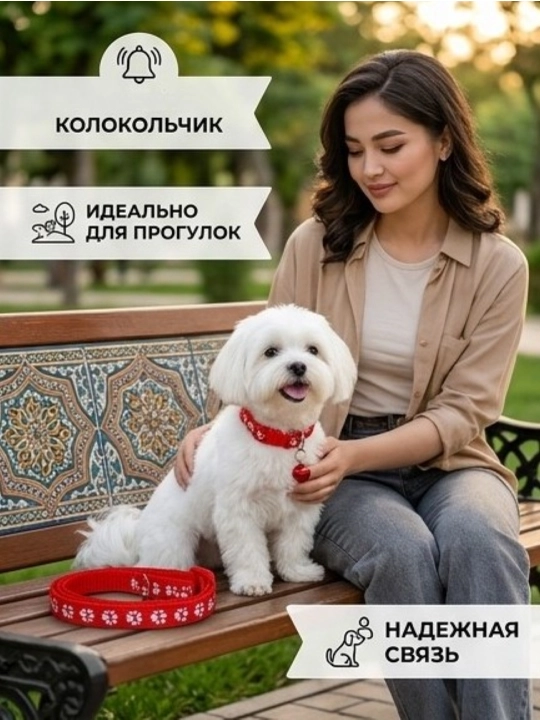 Комплект ошейник с поводком и бубенчиком BOBRIKGORA для мелких собак и кошек - 