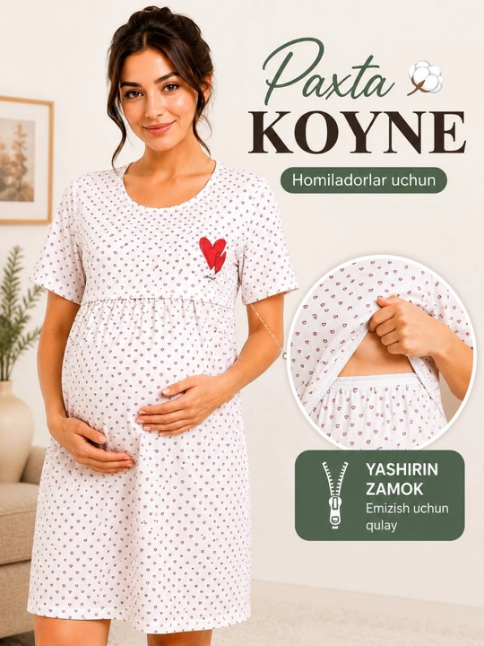 Homilador va emizikli onalar uchun momiqli paxta ko‘ylak, XL,XXL,XXXL - 