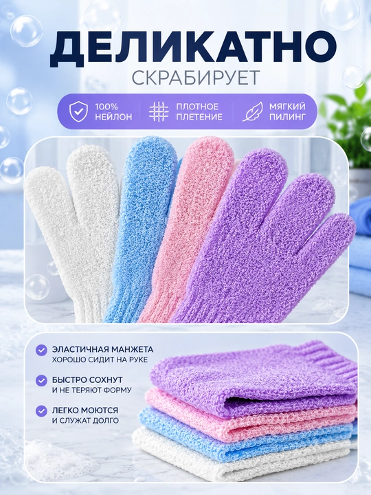 Мочалка-перчатка для душа, для тела и лица