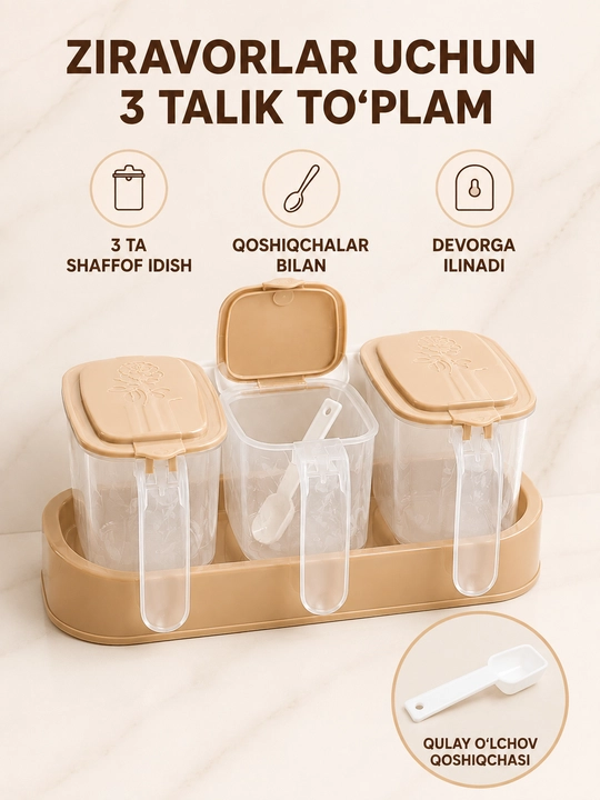 3 talik ziravor idishlari to‘plami, qopqoqli plastik konteynerlar - 