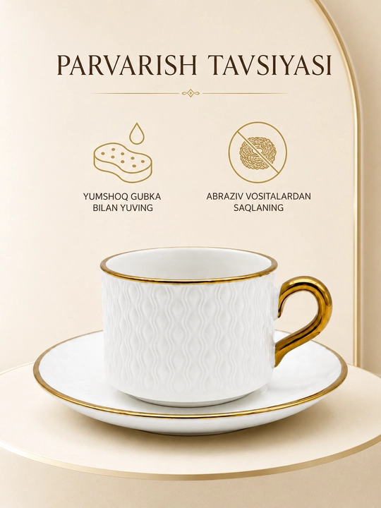 Qahva va choy servisi 6 kishilik, finjon va likopchalar, 12 qism, oq-oltin rang