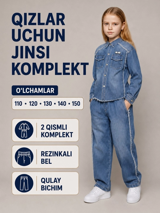 Qizlar uchun ikki qismli jinsi komplekt, yengli ko‘ylak va rezinkali keng shim, 110–150 - 
