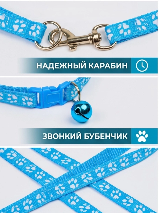 Комплект ошейник с поводком и бубенчиком BOBRIKGORA для мелких собак и кошек
