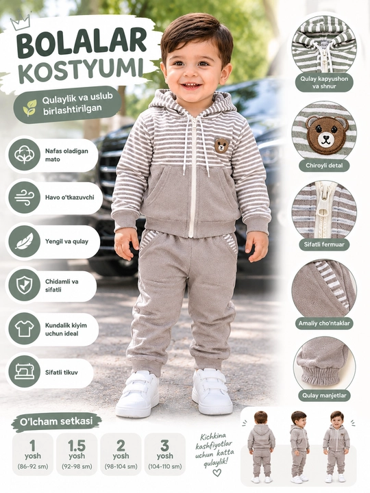 1-3 yoshli bolalar uchun ikkilik bolalar sport kostyumi, zamokli xudi va shim