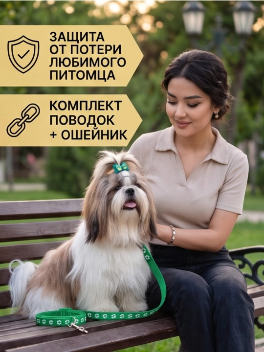 Комплект ошейник с поводком и бубенчиком BOBRIKGORA для мелких собак и кошек - 