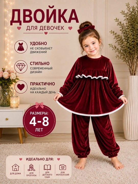 Платье и лозим для девочек 4–8 лет, рукава-фонарики, кружево, 2 вида ткани - 