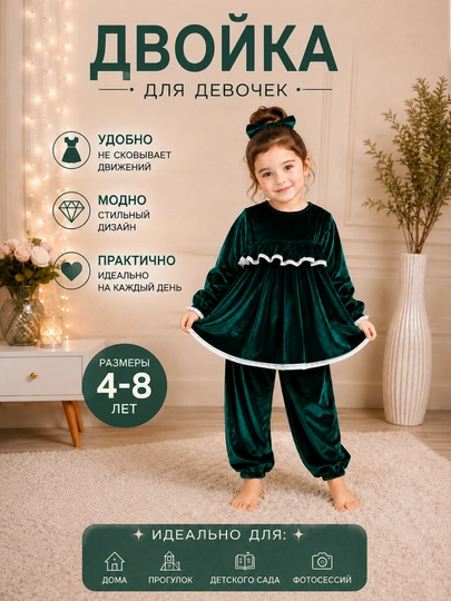 Платье и лозим для девочек 4–8 лет, рукава-фонарики, кружево, 2 вида ткани - 