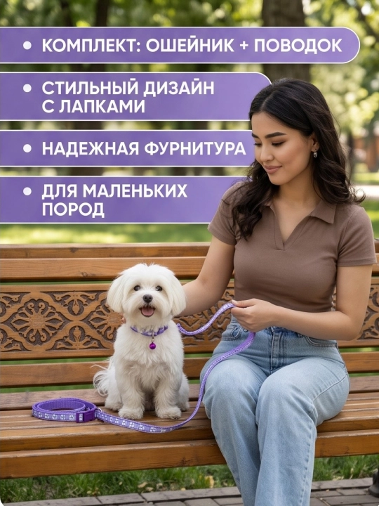 Комплект ошейник с поводком и бубенчиком BOBRIKGORA для мелких собак и кошек